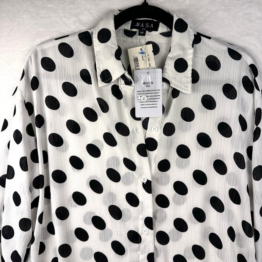 MASA USA Polka Dot Button Down Tunic Blouse Size M Longline Coastal Beach Top - Picture 6 of 10